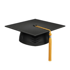 A black graduation cap with a golden tassel, symbolizing academic achievement and the completion of studies, isolated on a white background