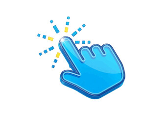 Obraz premium A stylized, glossy, light-blue hand cursor icon with radiating light effects, suggesting a click or selection action.