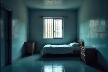 A stark, minimalist bedroom cell, featuring a single bed, a small nightstand, and a barred window The overall mood is solitary confinement and bleakness , captivity, bedroom