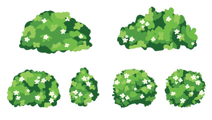 Cartoon shrub bush set. Garden green decoration bushes, illustrated hedge shrubs plants isolated on white