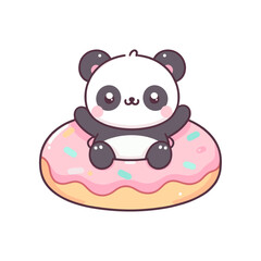 Cute cartoon panda sitting on a pink frosted donut with sprinkles, cheerful and playful scene