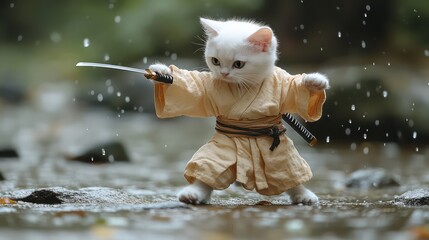 Upside down white cat in samurai clothing holding sword above tranquil lake.