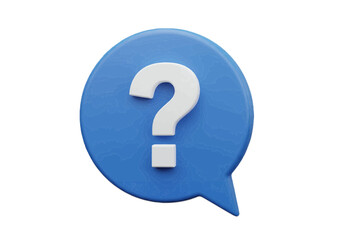 Blue 3D speech bubble icon featuring a white question mark, symbolizing questions, support, and communication. Isolated on a white background for FAQ and help concepts