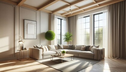 Fototapeta premium Modern living room with large sectional sofa, coffee table, and large windows with natural light