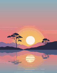 tropical landscape sunset cartoon vector illustration