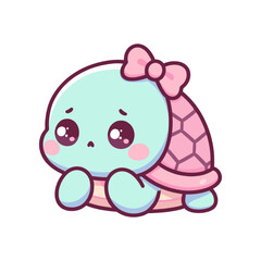 Cute cartoon turtle character with a bow, sitting with a sad expression, on a plain background