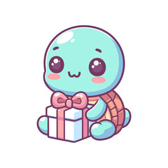 Cute cartoon turtle holding a gift box with a bow, cheerful expression, white background