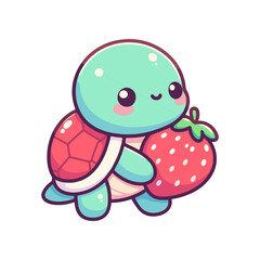 Cute cartoon turtle happily holding a strawberry, set against a simple white background
