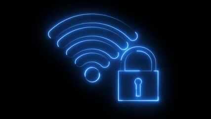 Glowing neon blue color WIFI security icon animation lock broadband internet privacy wireless network signal computer and mobile phone network data antenna sign symbol on black background - Powered by Adobe