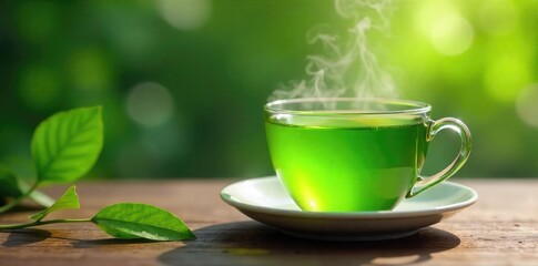 A steaming cup of vibrant green tea, freshly brewed and ready to enjoy Perfect for relaxation and mindfulness moments The gentle steam adds to its calming appeal , freshness, delicate