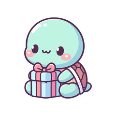 Cute cartoon turtle holding a gift box with a bow, set against a simple white background