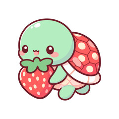 Cute cartoon turtle holding a strawberry, set against a simple white background, ideal for children's illustrations