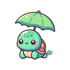 Cute cartoon turtle with a green umbrella, sitting happily, surrounded by a bright, cheerful background