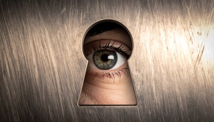 An eye peeking through a keyhole in a dark wooden surface