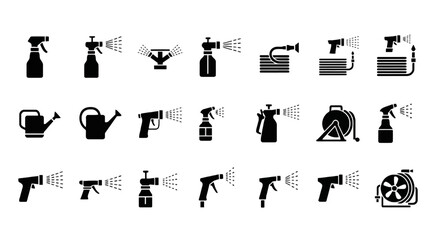 Set of garden and cleaning sprayer icons in simple black style