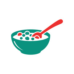 Colorful bowl of cereal with a red spoon, set against a simple white background