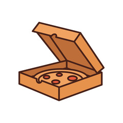 Open pizza box with pepperoni pizza inside, set against a simple white background