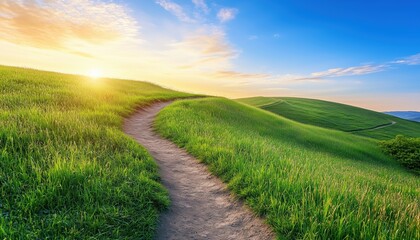 Obraz premium Idyllic Walking Trail In Lush Hillside Terrain At Sunrise, Framed By Azure Sky And Fluffy Clouds. Breathtaking Seasonal Scenery.