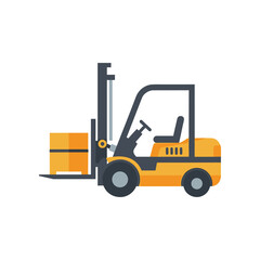 Yellow forklift lifting a wooden pallet in a warehouse setting with stacks of boxes nearby