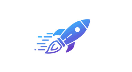 Blue rocket ship launching upwards against a white backdrop, symbolizing speed and innovation in the modern digital age, creating a sense of progress and advancement.