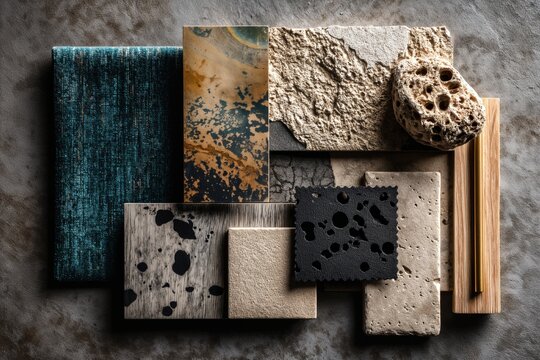 Collage de texturas naturales y artificiales sobre un fondo oscuro.
