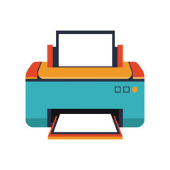 Colorful printer with an open paper tray, ready for printing documents in a modern office setting