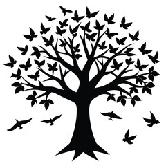 tree of life with birds flying isolated on white background