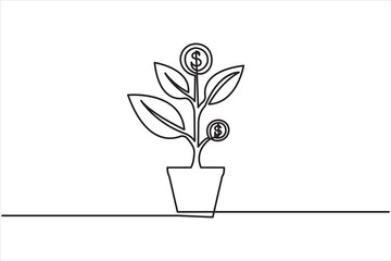 Minimalist one line art drawing of plant growth stages with roots and leaves on a white background