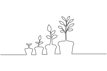 Minimalist one line art drawing of plant growth stages with roots and leaves on a white background