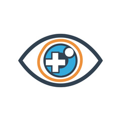 Eye icon featuring a blue and orange design with a medical cross and a circular element, symbolizing health