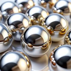 Closeup of shiny chrome christmas baubles reflecting light and each other, creating a festive and luxurious holiday feel