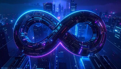 A neon-lit infinity symbol floats above a futuristic city skyline, glowing with electric blues and purples