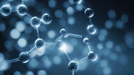 Complex molecular structure is illuminated with a bluish glow against a dark background, emphasizing the intricate connections between atoms in scientific exploration and research.