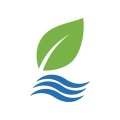 Green leaf symbolizing nature above stylized blue waves, representing environmental harmony
