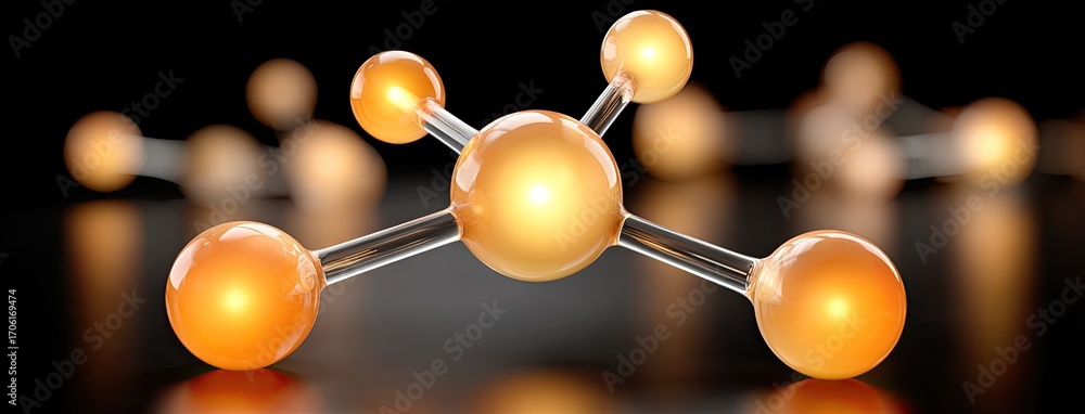 Poster golden energy molecules create a mesmerizing pattern on a dark surface, reflecting light with stunni