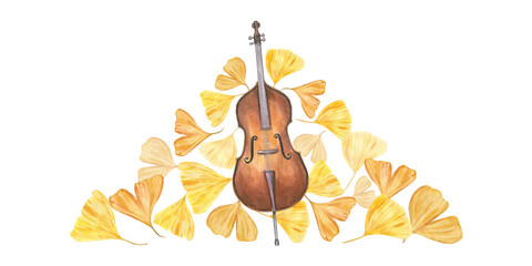Brown contrabass on golden gingko biloba leaves watercolor illustration on isolated background. Classical musical instrument, autumn tree leaf. Musical composition for festival decor, concert poster. © Masha_tolk_art