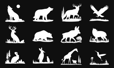 Wild animal silhouettes in nature, forest wildlife icons, deer, wolf, bear, eagle, rabbit, giraffe, penguin, moose, bird, natural habitat, outdoor animals collection