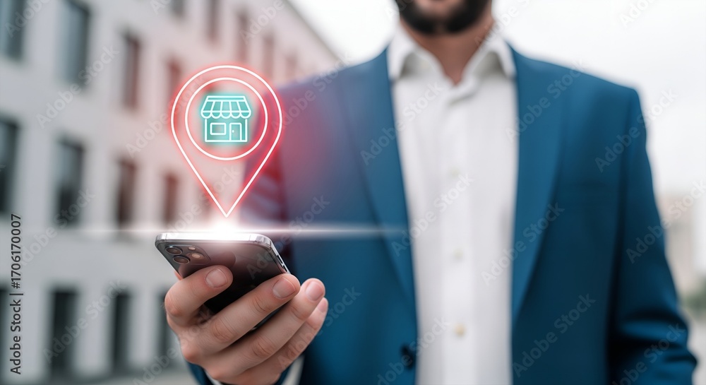 Poster man holding smartphone with glowing location pin and building icon above it