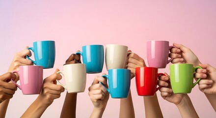 Hands holding colorful coffee mugs in a toast against a pink background