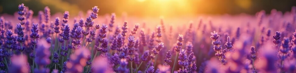 Obraz premium A sun-drenched field of lavender, subtly infused with golden light, creating a calming and luxurious atmosphere Perfect for relaxation, spa, or beauty themes , horizon, spring