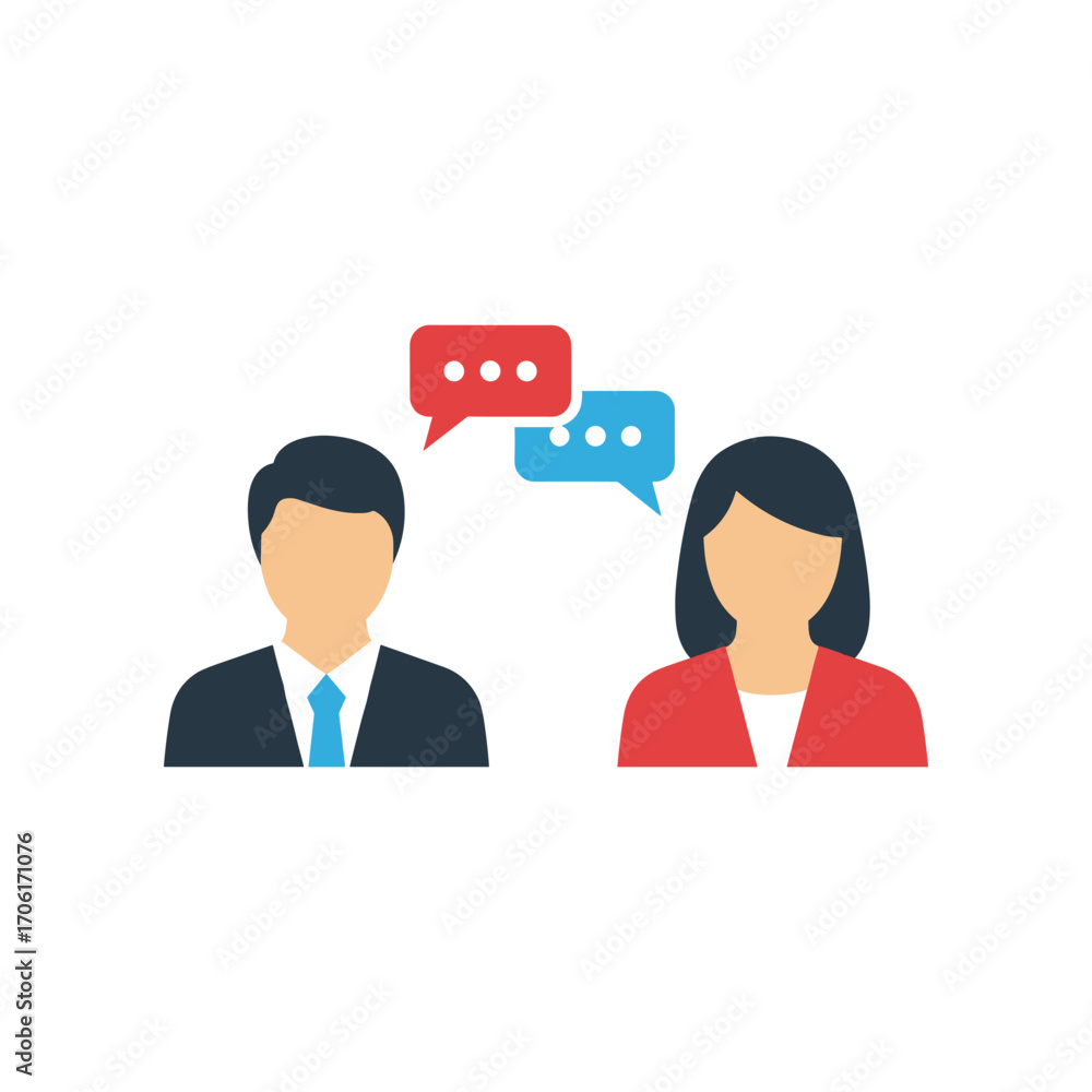 Poster two individuals engaged in a conversation with speech bubbles, representing dialogue and communicati
