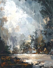 Digital painting of a sunlit forest scene