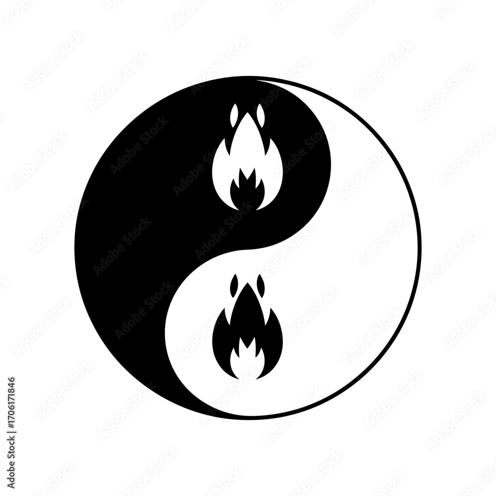 Poster yin-yang symbol featuring flames, representing balance and duality in a minimalist design