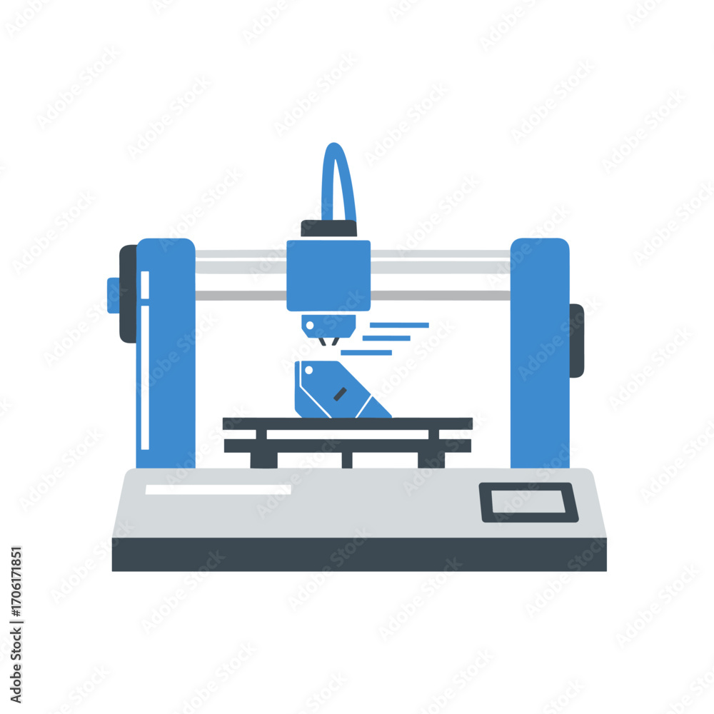 Poster a 3d printer in action, creating a detailed object on its platform in a clean workspace