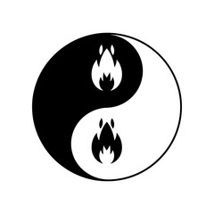 Yin-Yang symbol featuring flames, representing balance and duality in a minimalist design