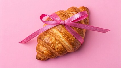 Croissant tied with pink ribbon on pink background, top view