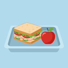 Healthy lunchbox with a delicious sandwich and a fresh red apple on a tray