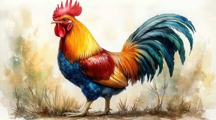 Fototapeta premium Vibrant watercolor rooster with red comb and blue-green tail on pure white background.