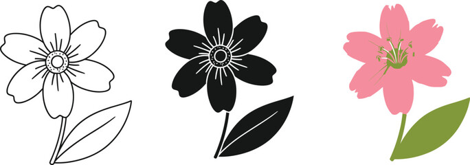 Obraz premium Three Stylized Flowers, One Pink, One Black, One White with Transparent Background