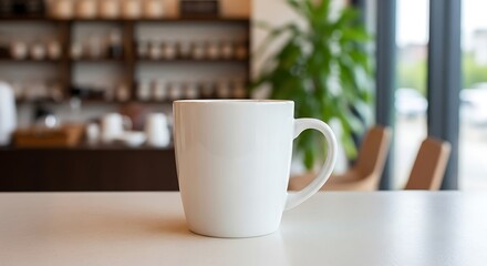 Fototapeta premium White coffee mug on a table in a cafe with blurred background